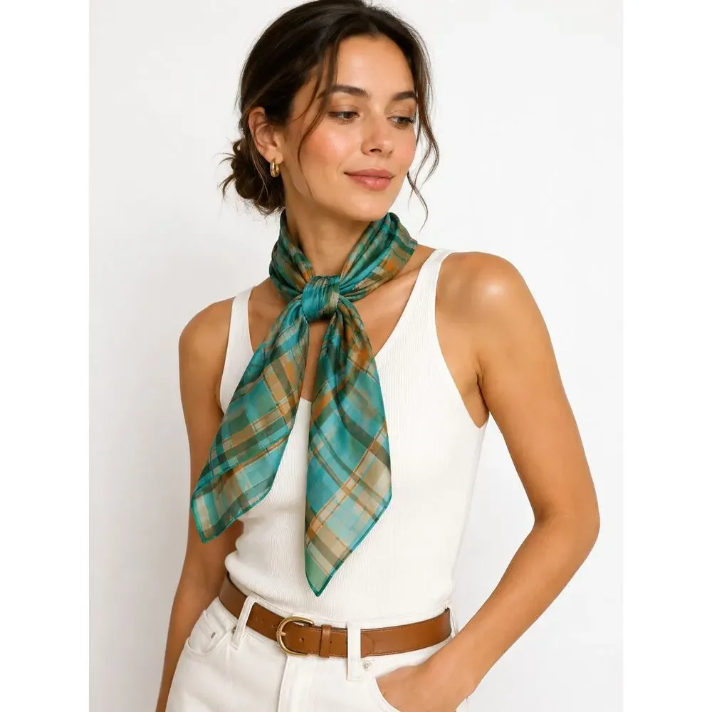 Vintage Vera Plaid Sheer Scarf Aqua Teal Tan Chiffon Neck Scarf Retro Preppy